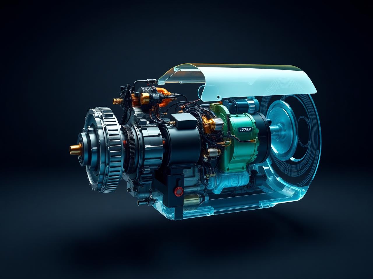 Technical cutaway visualisation of a hybrid powertrain