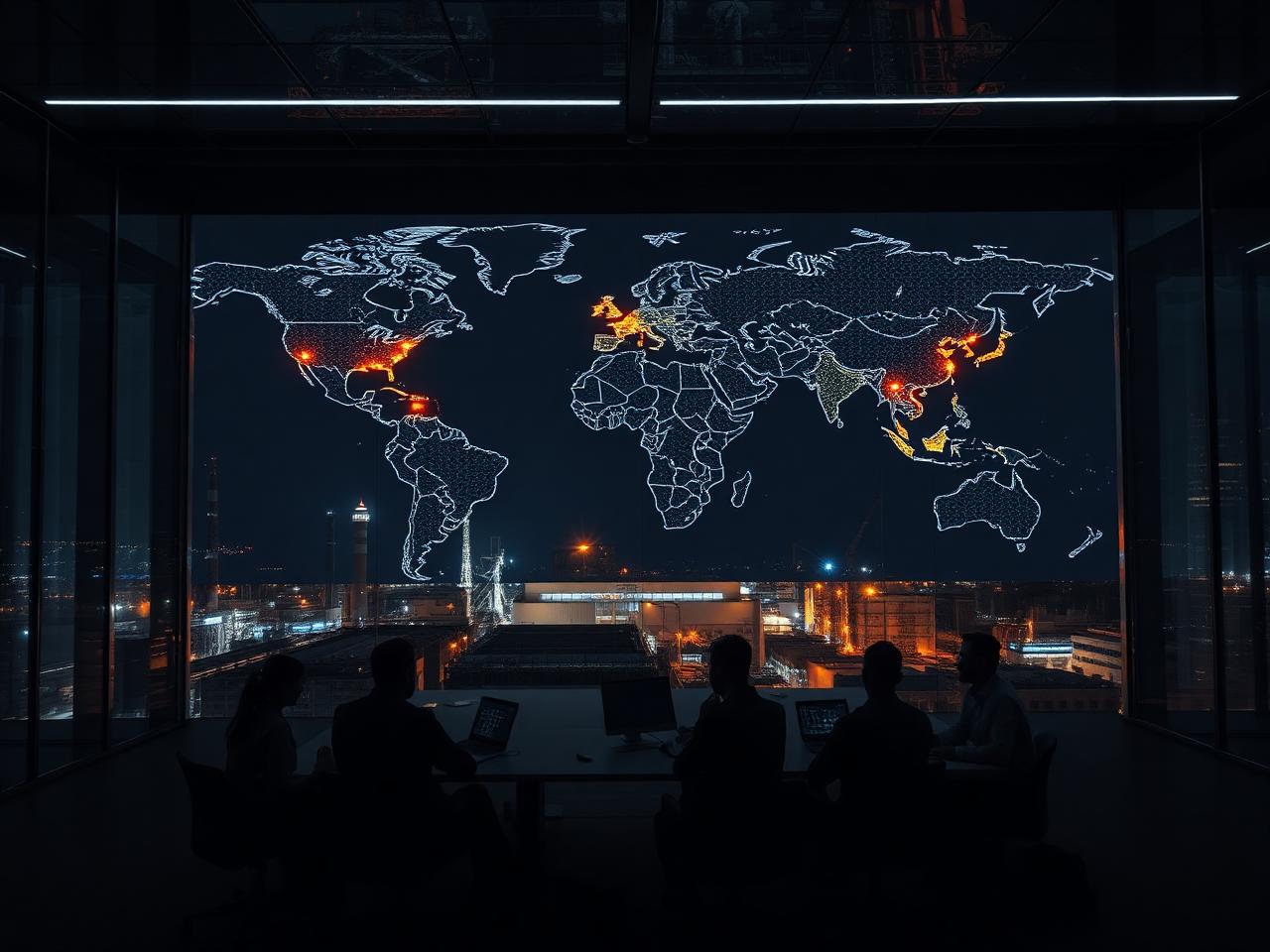 Night operations room overlooking an industrial plant with a global site map